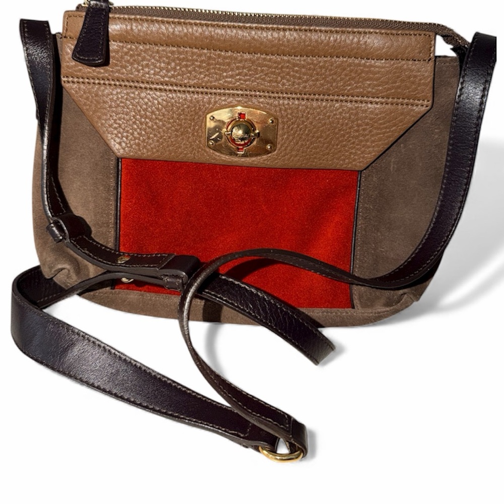 FURLA Classic Suede Pebbled Leather Brown and Red Crossbody Purse Romania Made